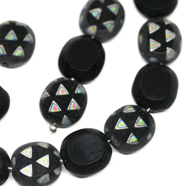 10x9mm Black flat oval glass beads mix Silver triangles - 12Pc