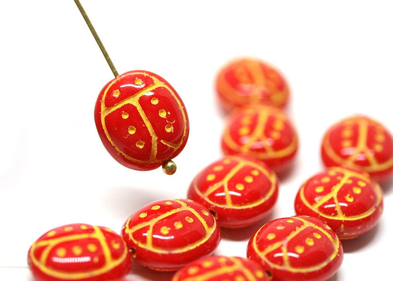 6Pc Red glass ladybug bead Yellow dots czech glass beads - 13mm