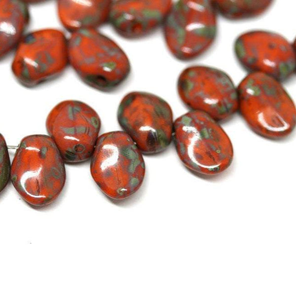30Pc Orange petal drop beads, Picasso Czech glass flower petal beads - 6x8mm