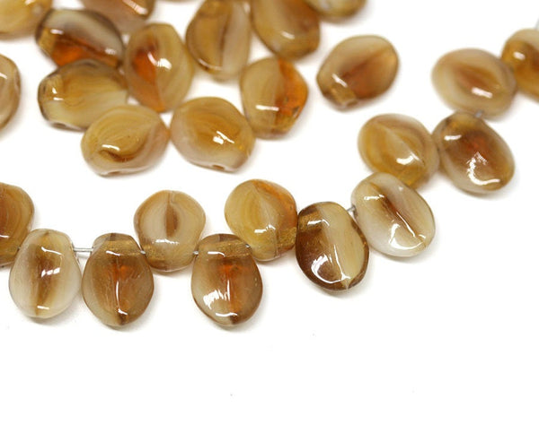 30Pc Brown petal drop Czech glass beads  Mixed Beige Brown flower - 6x8mm
