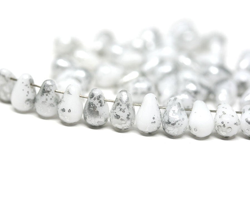 4x6mm White Silver small drops Silver wash czech glass - 50Pc