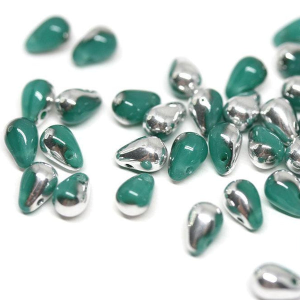 4x6mm Turquoise green small drops, Silver coating, czech glass - 50Pc