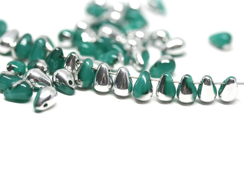 4x6mm Turquoise green small drops, Silver coating, czech glass - 50Pc
