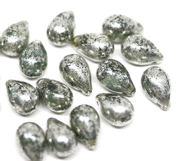 20pc Silver teardrop beads Antique Green czech glass - 6x9mm
