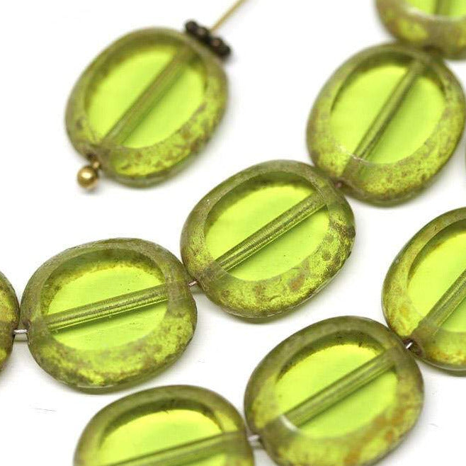 14x12mm Picasso Green oval beads Transparent czech glass - 6Pc
