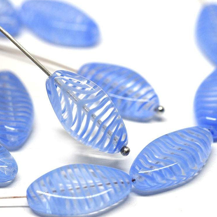 22x12mm Light Blue long glass beads, oval flat with stripes - 6Pc