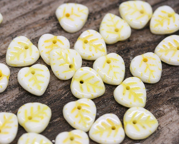9mm White Yellow leaf beads, Heart shaped triangle leaf - 30pc