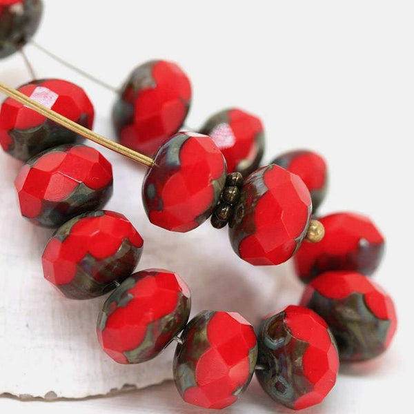 6x9mm Red Czech glass rondelle beads Picasso finish - 12Pc