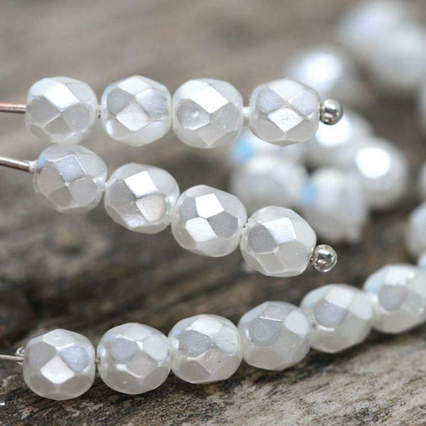 6mm White Faux pearls Czech glass round beads fire polished 30pc