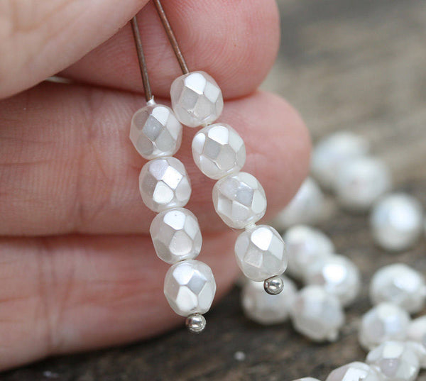 6mm White Faux pearls Czech glass round beads fire polished 30pc