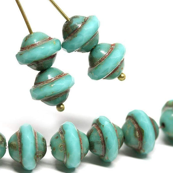 8x10mm Turquoise green saucer czech glass beads UFO shape - 6Pc