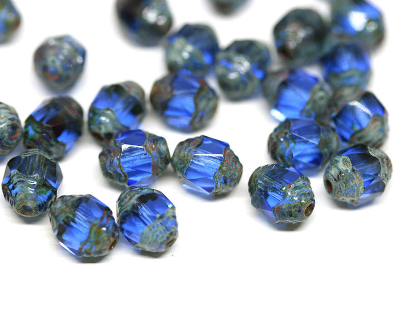 8x6mm Blue cathedral Picasso czech glass barrel beads Fire polished 15Pc