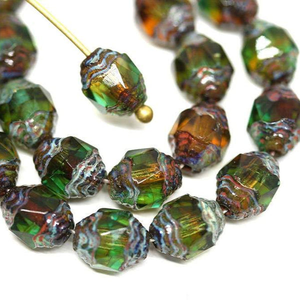 8x6mm Green Brown cathedral beads Picasso czech glass barrel beads Fire polished 15Pc