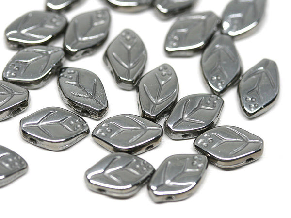12x7mm Steel grey leaf beads Dark Silver Czech glass - 25Pc