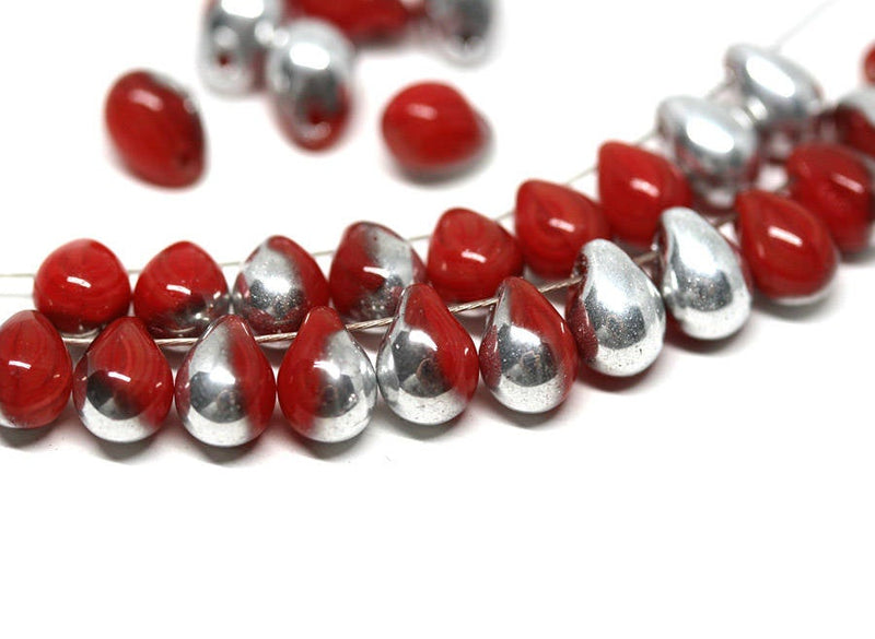 5x7mm Red Silver teardrop beads Czech glass red drops - 30pc
