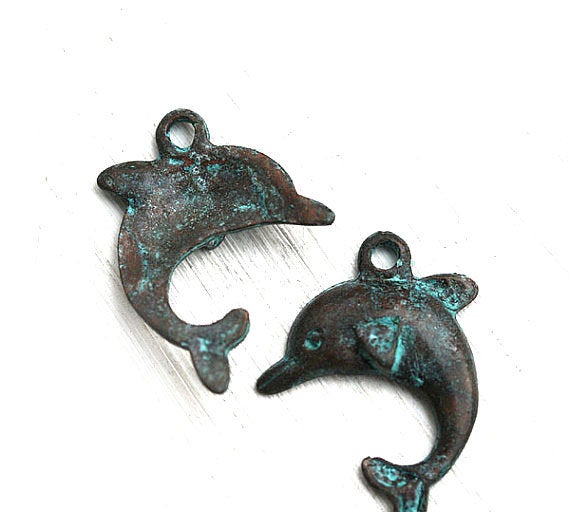 2pc Dolphin charms, Copper Green patina 27mm