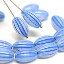 14x8mm Opal Blue oval сarved Large czech glass barrel beads - 8Pc