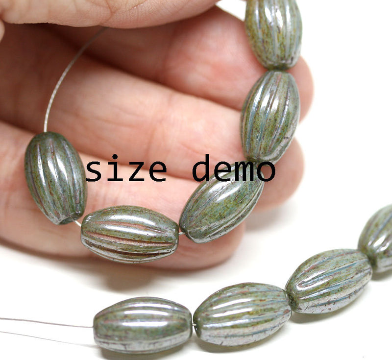 14x8mm Green Gray oval Picasso finish Carved Large czech glass rustic barrel beads - 8Pc