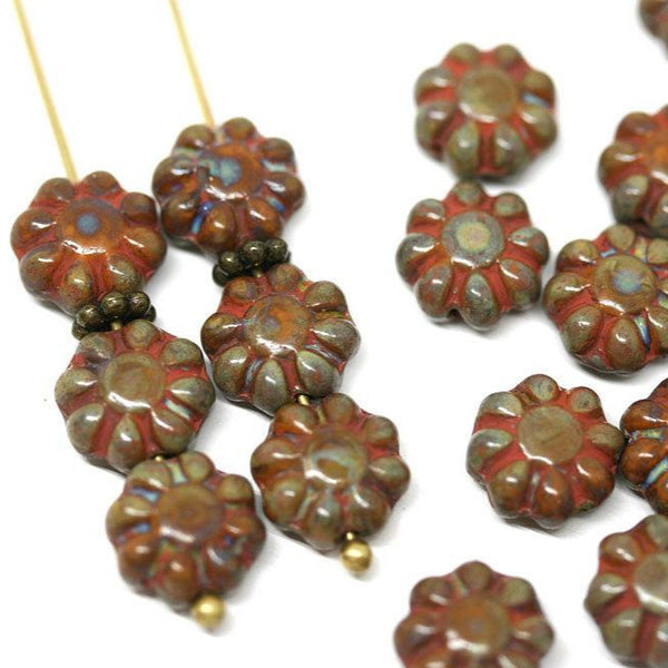 9mm Picasso brown Flower Czech glass beads, flat daisy - 20Pc