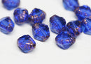 8x6mm Sapphire Blue Bicone czech glass beads Old Gold fire polished beads - 15Pc