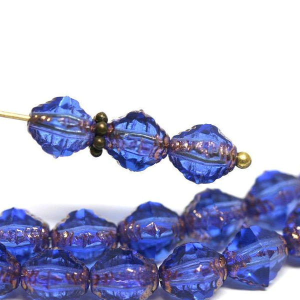 8x6mm Sapphire Blue Bicone czech glass beads Old Gold fire polished beads - 15Pc