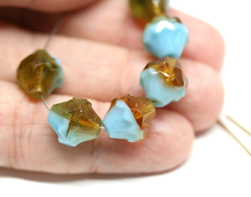11mm Blue Amber Topaz Baroque czech glass beads Fire polished large bicones 4pc
