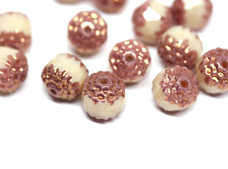 8mm Beige cathedral beads Copper ends Czech glass round fire polished ball beads 15Pc