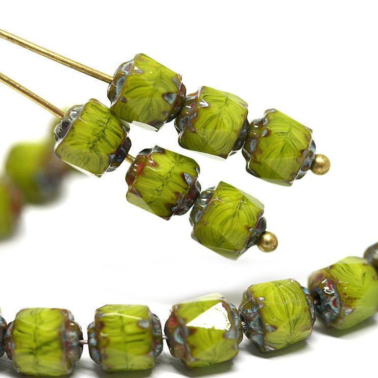 6mm Olive green glass beads mix Cathedral picasso czech fire polished round 20Pc