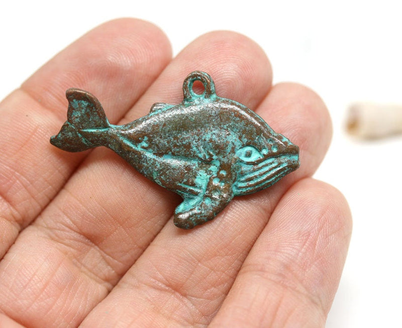 Large Whale pendant bead Green patina