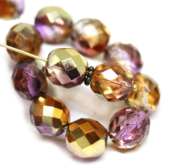 10mm Gold Purple czech glass beads fire polished - 10pc
