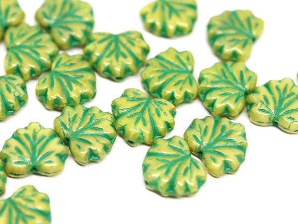 11x13mm Yellow green glass leaf beads Maple leaves Green inlays czech beads - 10pc