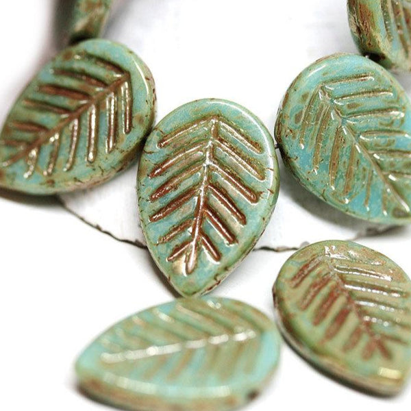 12x16mm Turquoise glass leaf beads Side drilled Picasso Travertin - 6pc