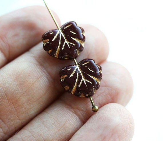 11x13mm Brown Red maple leaf bead Czech glass leaves Golden inlays - 10Pc