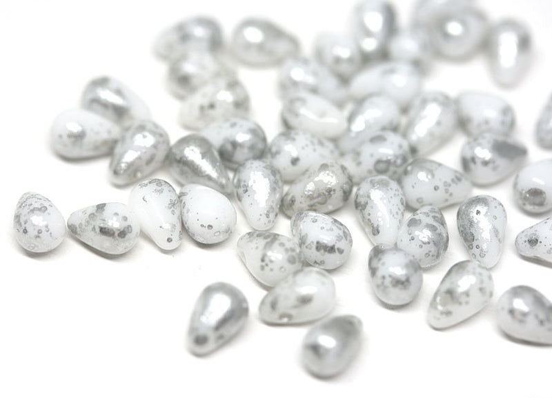 4x6mm White Silver small drops Silver wash czech glass - 50Pc