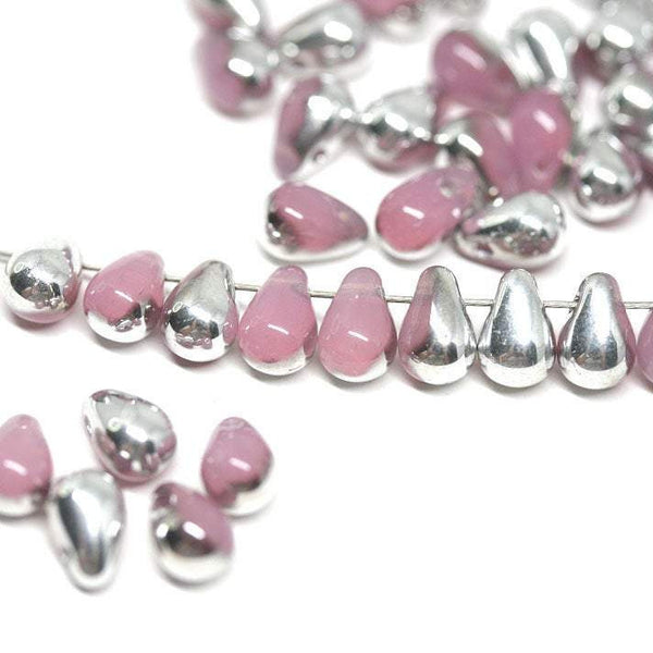 4x6mm Pink small drops, Silver coating Opal pink czech glass - 50Pc
