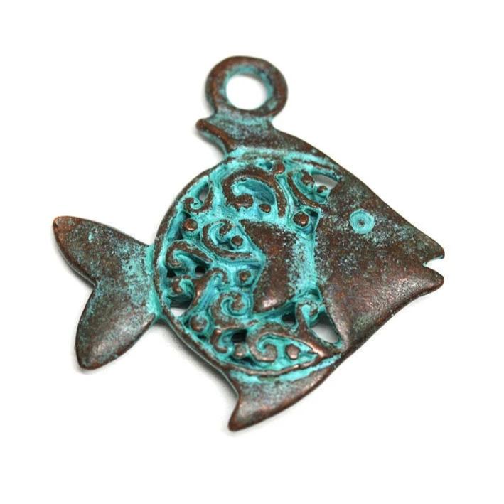 Filigree ornament Fish pendant Green patina copper