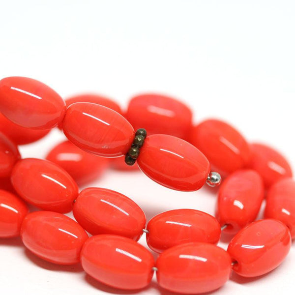 9x6mm Coral Red oval Czech glass pressed barrel rice beads 30pc