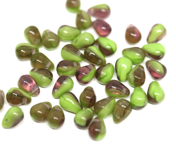 4x6mm Green purple glass drops, Czech glass green small teardrops - 50Pc