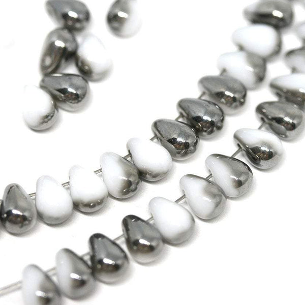 4x6mm White small drops Dark Silver luster czech glass teardrops - 50Pc