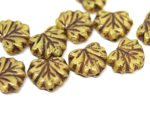 11x13mm Yellow Brown leaf beads Maple leaves Autumn colors Czech glass pressed beads - 10pc
