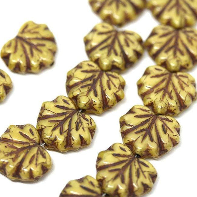 11x13mm Yellow Brown leaf beads Maple leaves Autumn colors Czech glass pressed beads - 10pc