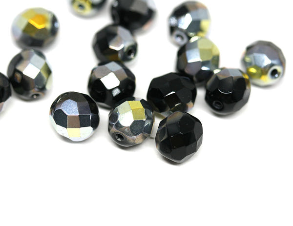 8mm Black glass beads Gold Silver coating fire polished beads - 15pc