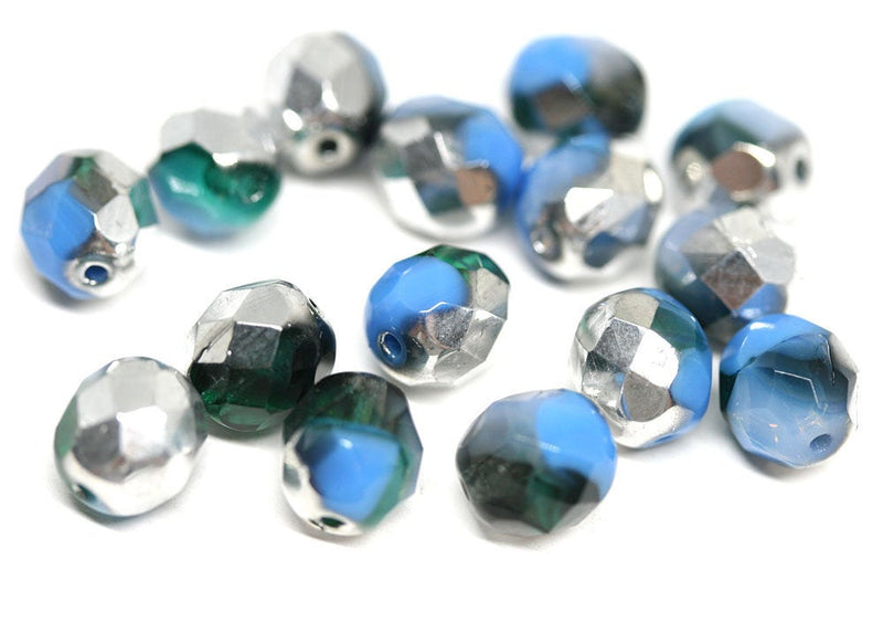 8mm Blue Silver round Czech glass Teal Green Blue mixed color fire polished faceted beads 15Pc