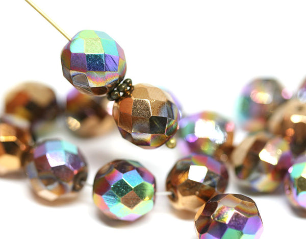 10mm Golden round czech glass beads AB finish fire polished - 10pc