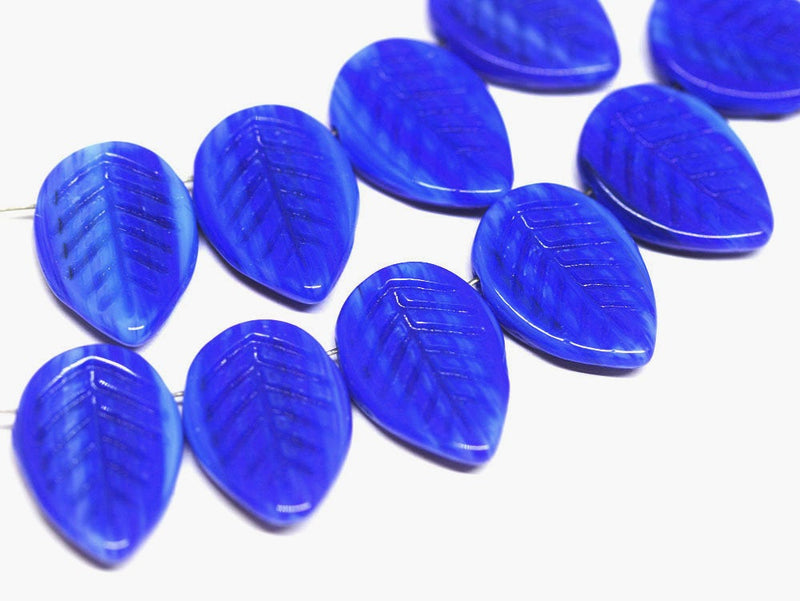12x16mm Dark Blue Side drilled leaf czech glass pressed beads - 10pc