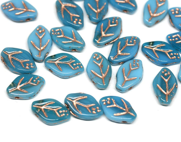 12x7mm Blue leaf beads Czech glass pressed leaves - 25pc