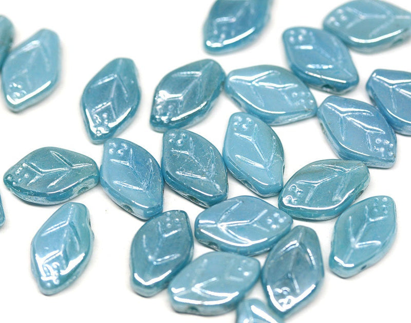 12x7mm Lustered Dark Blue leaf beads Czech glass - 25pc
