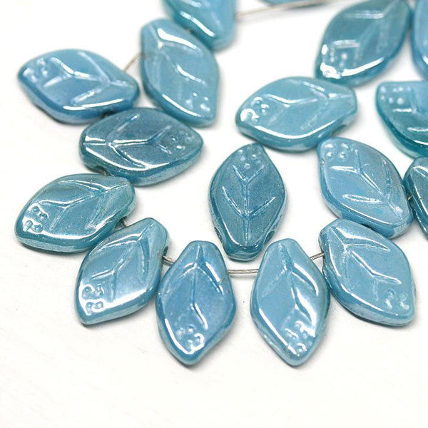 12x7mm Lustered Dark Blue leaf beads Czech glass - 25pc