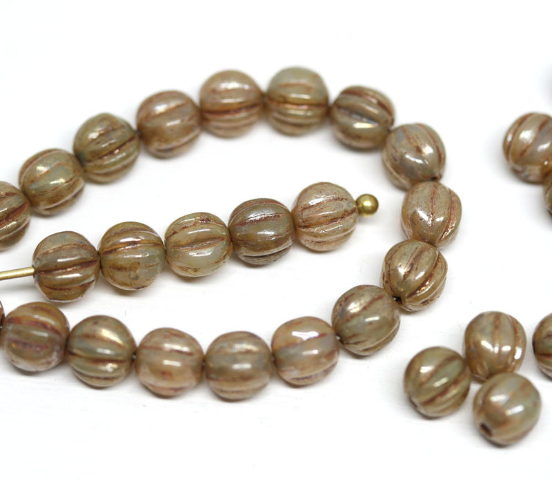 5mm melon Lustered beige brown czech glass beads - 40Pc