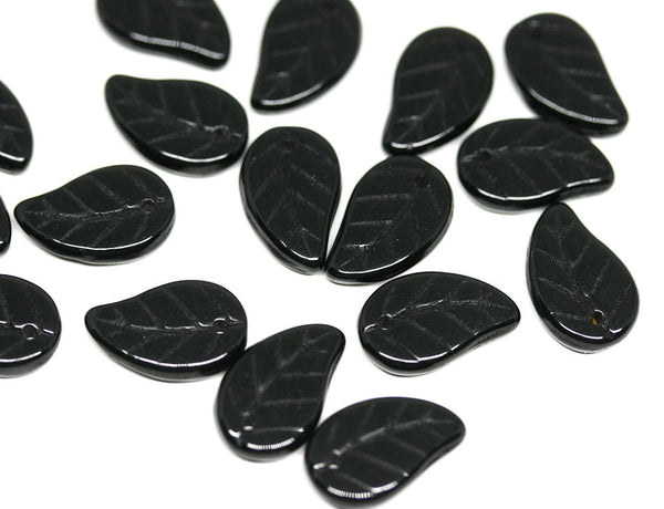14x9mm Black Czech glass leaves Jet Black pressed leaf beads - 20pc